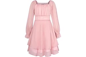 GRACE KARIN Robe Fille Élégante Manches Longues Col Carré Taille Élastique Coupe Évasée
