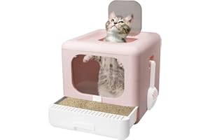 FAYDUDU Cat Litter Tray with Hood Top Entry Cat Litter Box Extra Large Cat Litter Trays with Lid Enclosed Cat Litter Box XXL Cat Toilet with Scoop (PINK)
