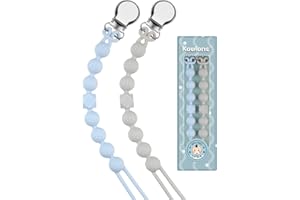 Kowlone Attache Sucette Silicone Soothie Tétine Clips Porte Accroche Chaîne pour Garçons et Filles Douche de Bébé 2pcs(Gris,Bleu)
