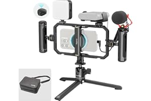 SMALLRIG All-in-One Universal Quick Release Phone Rig Kit Pro, Smartphone Video Rig mit LED-Licht Mikrofon QR-Stativ Doppelgriffen Powerbank-Halterung für iPhone 17 16 15 für Samsung für Pixel – 4704