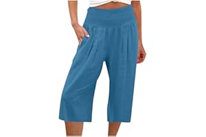 KUIH 3/4 Shorts for Women UK Summer Comfy Cotton Linen Shorts Wide Leg High Waist Straight Shorts with Pockets Hiking Outgoing Shorts Trousers Breathe Beach Shorts UK Size 8-18