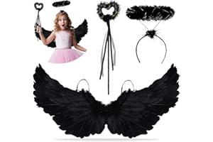 XLZJYIJ EngelFlügel Schwarz, 3 Stück Schwarz Federnflüge mit Heiligenschein und Zauberstab, 60 cm Teufel Flügel Kinder, Engel Flügel Kostüm für Cosplay Karneval Halloween Party Fasching Kostüme
