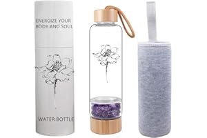 AITELEI Bamboo Wellness Crystal Elixir Infused Gem Water Bottle Natural Gemstone Crystal Quartz Gravel Gemstone Healing Glass Energy Elixir Water Bottle 400ML