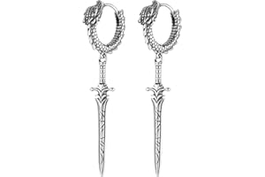 HZMAN Sword Dangle Drop Earrings for Men Gothic Punk Stainless Steel Dragon Knight Earring Hinged Huggie Hoop Earring Jewelry Gift