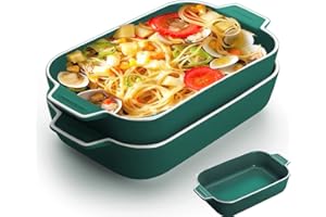 YFWOOD Lasagne Dish, 2PCS 9x5 inch Rectangular Ceramics Baking Dishes with Handle, Coloured Small Oven to Table Baking Dish Ideal for Oven Ceramic Baking Pan Lasagna Casserole Pan Individual Bakeware(Green)