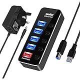 Atolla USB Hub Powered, 4-Port USB 3.0 data Hub+1 Smart USB Charging Port Aluminum Splitter with 5V/3A Power Adapter and Indi