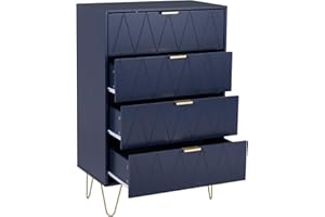 UEV Commode 4 Tiroirs, Meuble de Rangement Bois, Style Simple et Élégant, Manche et Pieds Couleurs Dorées, 60 x 34 x 91 cm, Buffet pour Chambre, Salon, Bureau, Bleu