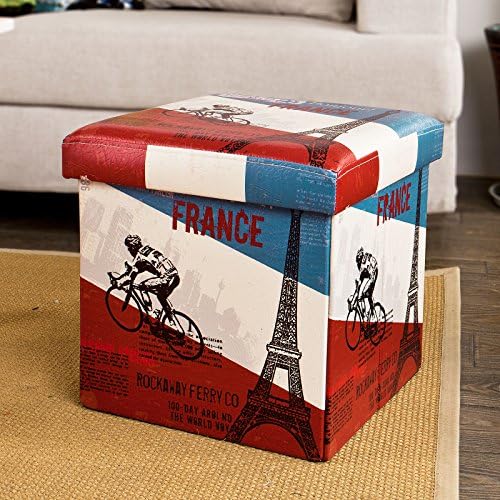 SoBuy® FSS37-K-FR, 38x38x38cm, Storage Ottoman Footstool, Folding Storage Box with Seat Cushion, Tour de France Cycle Race Pattern