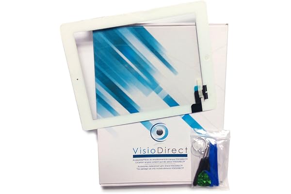 Visiodirect Vitre ecran Tactile pour iPad 2 Blanc, Bouton et adhésif pré installé + Outils