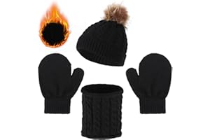 FADCAER 3 Stück Winter Hut Schal Handschuhe Set Hut Schal und Handschuhe Winter warme Mütze Mütze Schal Set für Mädchen, Schwarz , One size