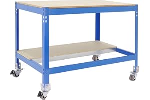 Simon Rack Tavolo da lavoro officina, capacità di carico 120 kg, 917 x 910 x 610 mm, include ruote, blu/legno - BT0