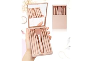 PGRODE Mini Travel Size Makeup Brush Set Cute Portable Brush Kit, Small Complete Function Cosmetic Brushes Set with Case and Mirror,5PC (Apricot)