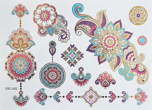 XL FARBIGE BUNTE METALLIC TATTOO FLASH TATTOO MANDALA Henna Design Motive Gold Rosa Blau Lila Blumen Tattoo Kleber für Körper SC02 - XL Bogen