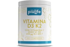 +LIFE Vitamina D3 K2 Mk7 Con Vitamina C PiùLife, 200 Compresse, 1 Al Giorno, Vit D3 2000 UI, K2 200µg, Vit C 125mg, Benessere Delle Ossa, Difese Immunitarie, Regola Livelli Di Calcio E Fosforo