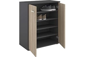 IDIMEX Meuble à Chaussures Olympe, Commode Meuble de Rangement avec 2 Portes avec 4 tablettes intérieures, en mélaminé Gris Mat et décor chêne Sonoma