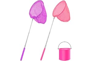 HUTATO 2 Packs Kids Fishing Net,Telescopic Butterfly Net,Pond Net Extendable (35 to 86 cm) with 1 Pack Folding Bucketfor Kids Catching Bugs Insect Small Fish Outdoor Beach Garden Activities