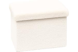 Bonlife Ottoman Seat with Storage,Folding Small Footstool for Living Room,Cube Toy Chest Box,Foot Rest,Sherpa Fabric,White,42x32x32cm