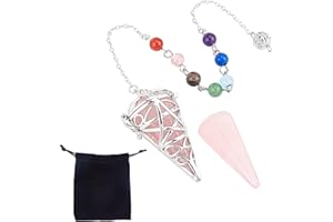 SUNNYCLUE 7 Chakra Reiki Piedra Preciosa Hexagonal Cristal de Cuarzo Rosa Péndulo de Radiestesia Chakra Reiki Colgantes de Curación Medallón de Plata Colgante de Péndulo para Adivinación Curación