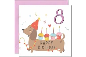PURPLE FOX Kartka urodzinowa dla dzieci – urocza kiełbasa pies jamnik kartka urodzinowa dla 8-letniej dziewczynki córki dzieci osiem ósmej wnuczki siostrzenicy siostrzenicy kuzynki