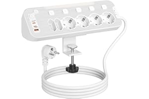 HONIHOM Ciabatta Multipresa da Scrivania,Multipresa Schuko Protezione Sovratensione,Presa Multipla Salvaspazio 6 Presa,Presa da tavolo con USB C,Angolare Ciabatta Elettrica con Interruttore,Cavo 2 m,Bianco