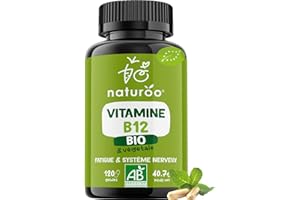 NATUROO NUTRITION Vitamine B12 Bio | 120 gélules (4 mois) | 100% naturelle et végétale | Premium & Vegan | vitamin B 12 à 25 µg (1000% des AJR) | Extraits de Shiitake et fibre d'acacia bio | B-12 pour Hommes et Femmes