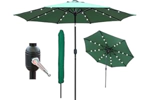 GlamHaus Garden Parasol Solar LED 2.7M,Tilting Table Umbrella with Crank Handle, Protection UV40, Includes Parasol Cover, Gardens and Patios - Sand, Grey, Cream, Green, Khaki