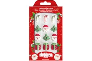 dekora – Blíster 12 Figuras de Azúcar Comestibles de Navidad, Decoración Sin Gluten para Tartas, Cupcakes y Repostería Navideña