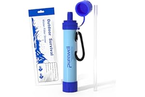 Purewell Outdoor-Wasserfilter – 0,01 μm Ultrafeinfilter entfernt 99,99% Bakterien & Schwermetalle | 1500 Litern Filterkapazität | Tragbarer Trinkwasserfilter mit Karabiner für Survival & Outdoor