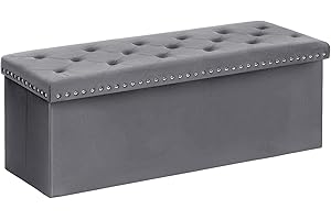 Bonlife Ottoman Storage Box, Folding Tufted Ottomans with Storage, Extra Large 140L Toy Chest Footrest Bench for Bedroom, Luxury Velvet Fabric,Grey,110x40x40cm