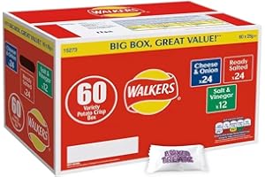 Walkers Crisps Walkers Classic Box Crisps Pack Of 60 x 25g - 24 x Cheese Onion, 24 x Ready Salted, 12 x Salt & Vinegar 3 Different Flavours Boxed Treatz