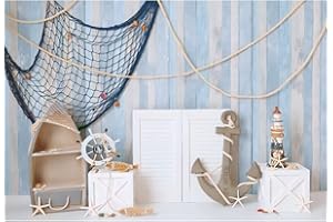 Aoihrraan 1,5x1m Náutica Ancla Telón De Fondo Azul Bebé Madera Tablero Blanco Férula Red De Pesca Timón Torre De Luz Barco Fondo Fotografía Bebé Ducha Marinero Niños Cumpleaños Cabrito Retrato Foto