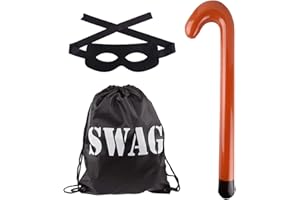 Kavoc 3Pcs Thief Granny Costume Set Include Drawstring Bag Eyemask and Inflatable Cane for Kids World Book Day Dress Up