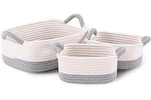 YOUDENOVA Cesta de almacenamiento, 3 unidades, cesta de cuerda de algodón trenzada para estantería y armario, cesta organizadora con asa en baño, habitación infantil, dormitorio, gris