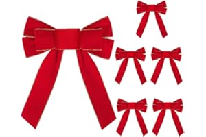 GEBETTER 6Pcs Lazos Rojos Navidad Tela Flocada Poliéster Bordes Hilo Dorado, Lazos Navideños Decoración Árbol Navidad Guirnalda Puerta Escalera Ventana Pared Casa Hogar Manualidades Adorno (23x30cm)