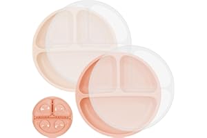 MOJINL 2 Stück Kinderteller mit Saugnapf Rutschfest Silikon Baby Teller BPA Frei Babyteller Kinder Tischset Babygeschirr Spülmaschinenfest mit Deckel für Baby Kleinkinder Kinder (Orang-Rot Beige)