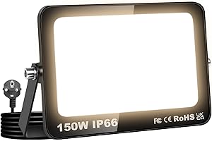 RIGIDON Faretto LED 150W, Faro da Esterno con Spina, Faretti 15000LM Impermeabile IP66, Fari Led Interna ed Esterna 3000K Bianco caldo Fari di Sicurezza per Giardino, Cortile, Garage