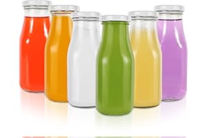 SHIZAK 6 Pack 11 oz / 330 ml Clear Glass Milk Bottles with Lids (Tinplate). Glass Drinking Bottles for Juicing,Water,Honey. Vintage Jars With 40 Labels and 1 Pen