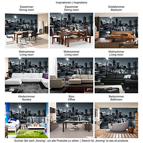 Vlies Fototapete 400×280 cm PREMIUM PLUS Wand Foto Tapete Wand Bild Vliestapete – New York Tapete Laterne Nacht Skyline Lichter Fluss schwarz – weiß – no. 843 - 5