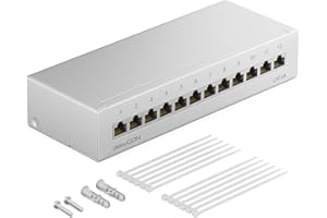 deleyCON CAT 6a Patch Panel Krosownica 12 Portów 1U Montaż na Biurko i Ścianę Ekranowany 12x Gniazdo RJ45 LAN Kabel Instalacyjny Sieci LAN TIA568A TIA568B RAL 7035 Jasnoszary