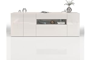 WHOUS Credenza e Buffet POTENZA per Soggiorno con 3 Ante, 1 a Ribalta e 1 Cassetto, Madia per Salotto, Cucina e Sala da Pranzo in Legno, 220x40x81 cm, Bianco Laccato Lucido