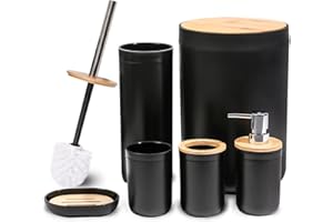 MissFox 6-Piece Bathroom Set, Soap Dispenser Accessory Set Made of Bamboo, Bathroom Accessories Set with Lotion Dispenser, Rubbish Bin, Soap Dish, Toilet Brush, Toothbrush Holder and Toothbrush Cup