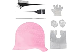 TYRZOL 7 Pcs Silicone Highlight Cap Kit Punched Hole Silicone Highlight Hair Cap with Hook Needles Hair Dye Comb Hair Dye Brushes Frosting and Tipping Cap Hair Frosting Cap for Girls Dyeing Hair