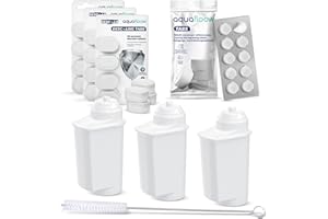Aquafloow Zestaw Pielęgnacyjny do Czyszczenia Automatycznych Ekspresów do Kawy, Kompatybilny z Bosch, Siemens | 3x Filtr Wody, Tabletki Czyszczące 10x2g, 8x Tabletki Odkamieniające, Czyścik/Wycior