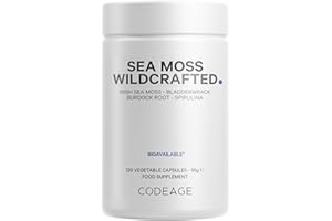 Codeage Raw Wildcrafted Irish Sea Moss Supplement – with Bladderwrack, Burdock Root, Spirulina, BioPerine & Peppermint Oil – Vegan, Non-GMO – Superfood Mineral Complex – 120 Capsules