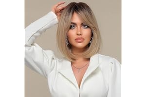 HAIRCUBE recto y corto encanto Bob lleva peluca para mujeres fiesta de fibra sintética resistente al calor natural/juego de roles/ropa/peluca diaria (Raíces marrones sombras Rubias)