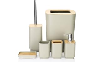 JOTOM Bamboo Bathroom Accessories Set of 6 Modern Design 6 Pieces Bathroom Accessory Set Soap Dispenser Toothbrush Holder Tooth Mug Soap Dish Toilet Brush Rubbish for Bathroom Home Decor (Beige)