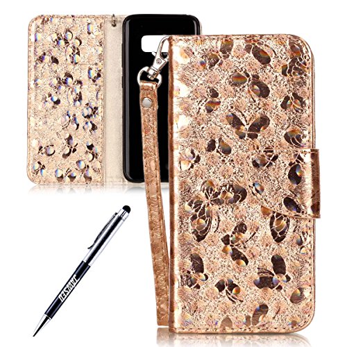 Galaxy S8 Plus Case, Galaxy S8 Plus Cover, JAWSEU Samsung Galaxy S8 Plus G955 Wallet Case Luxury Butterfly Premium PU Leather Flip Cover for Samsung Galaxy S8 Plus Protector Bumper Skin with Soft Silicone Case Credit ID Card Slots Magnetic Closure Kickstand Strap Wallet Pouch Smartphone Shell Protective Phone Case for Samsung Galaxy S8 Plus + Stylus Pen - Butterfly, Gold