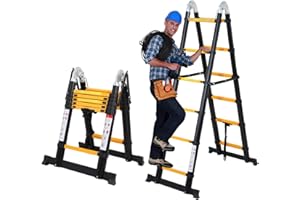 Lospitch Scala Telescopica in Alluminio, Pieghevole, 3.8 (1,9 + 1,9) M Scala Estensibile con Stabilizzatore, Scala Pieghevole di Alta Qualità e Scala Pieghevole in Alluminio, Nero Giallo