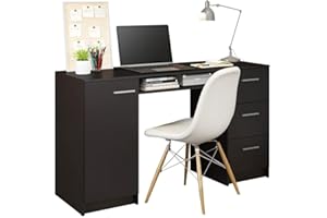 Madesa Mesa de Escritorio Ordenador con 3 cajones, 1 Puerta y 1 Estante, Mesa Moderna de Estudio para Oficina en Casa, 136 x 45 x 76 cm, Madera - Negro