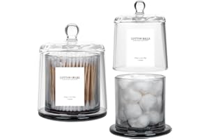 rejomiik 2 Pack Qtip Holder Thick Glass Apothecary Jars with Lid for Bathroom Accessories Vanity Organizers and Makeup Storage for Cotton Ball, Swabs, Makeup Sponges, Candy, Jewelry, Grey